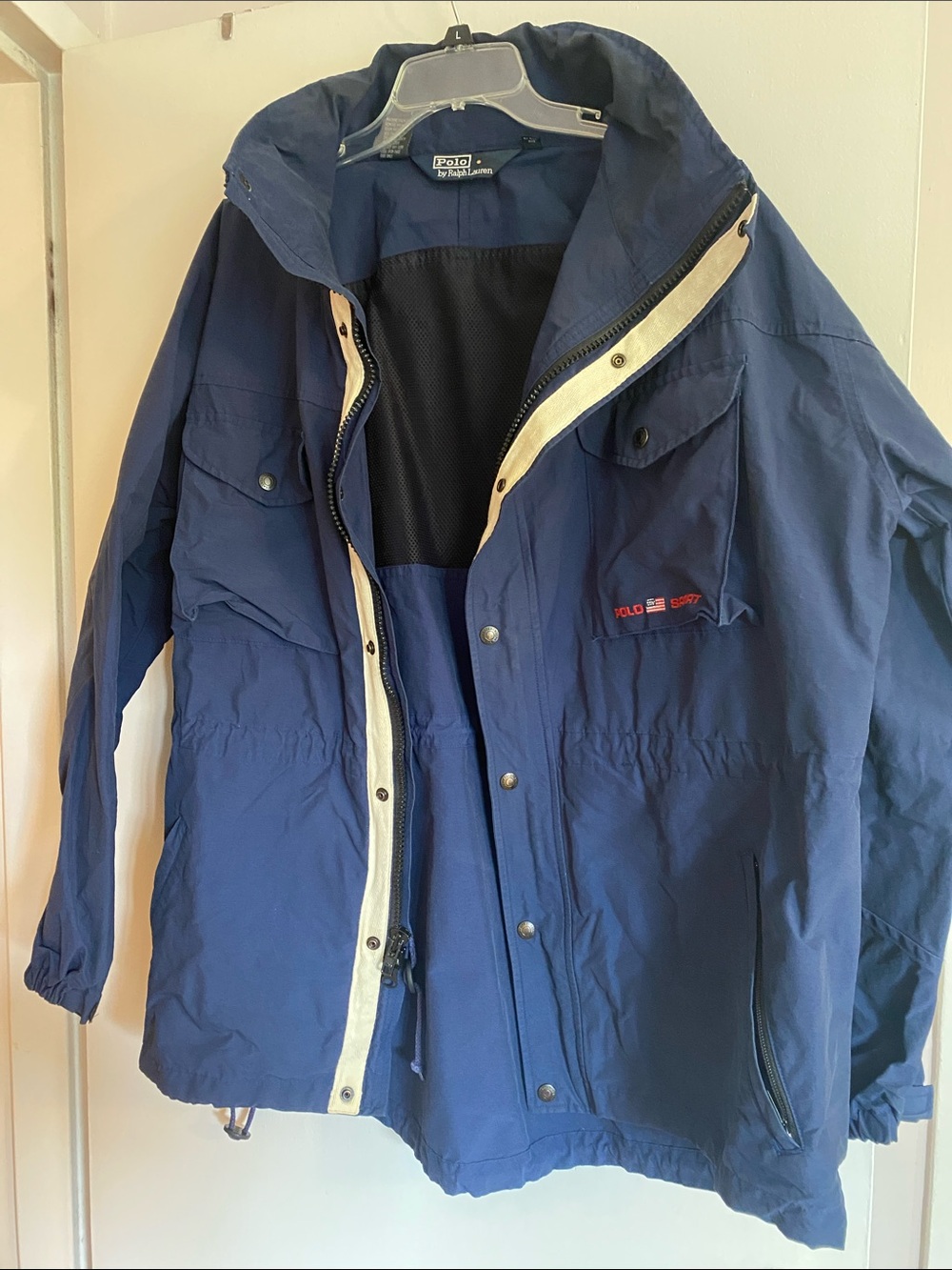 Men's Vintage Polo Sport by Ralph Lauren Navy Hooded Windbreaker with Cream Trim
